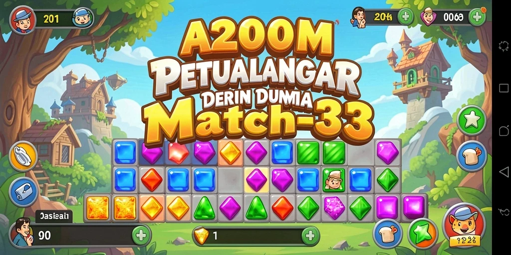 Tampilan gameplay A200M dengan item colorful dan tantangan Match-3.