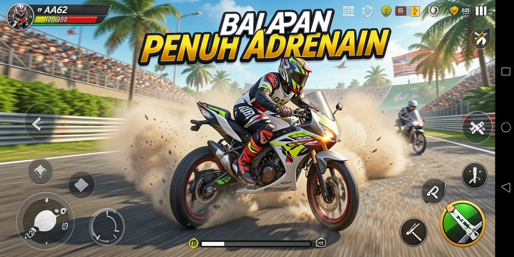 Tampilan gameplay AA62 yang seru dan mendebarkan saat balapan motor.