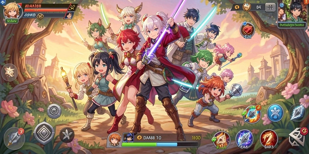 Screenshot menunjukkan pertarungan seru dengan karakter anime favorit.