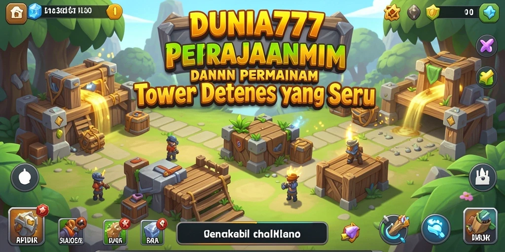 Tangkapan layar permainan DUNIA777 menampilkan aksi menara mempertahankan kerajaan dari serangan musuh.