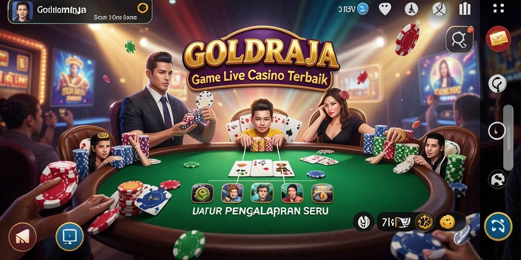 Screenshot utama GOLDRAJA dengan dealer live di permainan kasino.