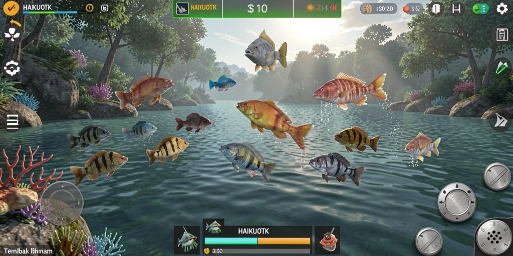 Tampilan gameplay HAIKUOTK dengan efek menembak ikan yang seru.