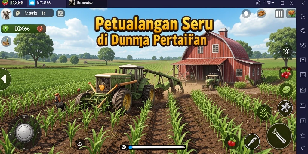 Screenshot gameplay <strong>IDX66</strong> menunjukkan suasana pertanian yang cerah dan penuh aktivitas.