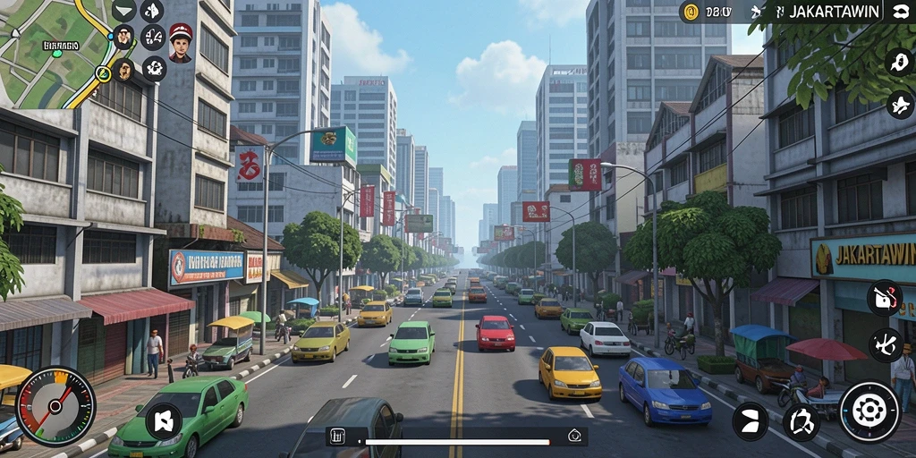 Screenshot JAKARTAWIN menunjukkan kehidupan urban yang dinamis dan interaktif.