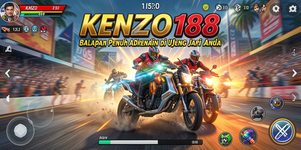 Screenshot KENZO188 menampilkan balapan mendebarkan dengan mobil cepat.