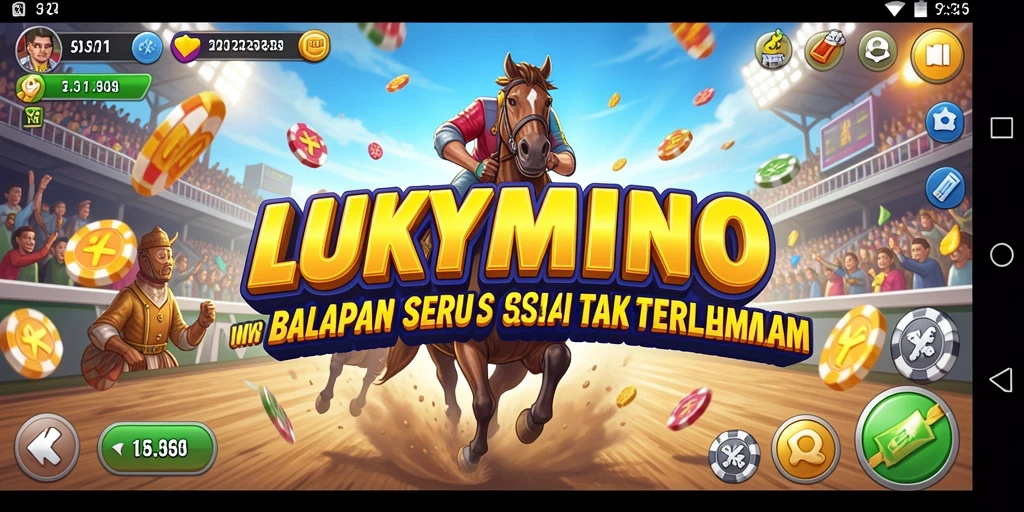 Screenshot utama LUKYMINO menampilkan aksi balapan yang mendebarkan.