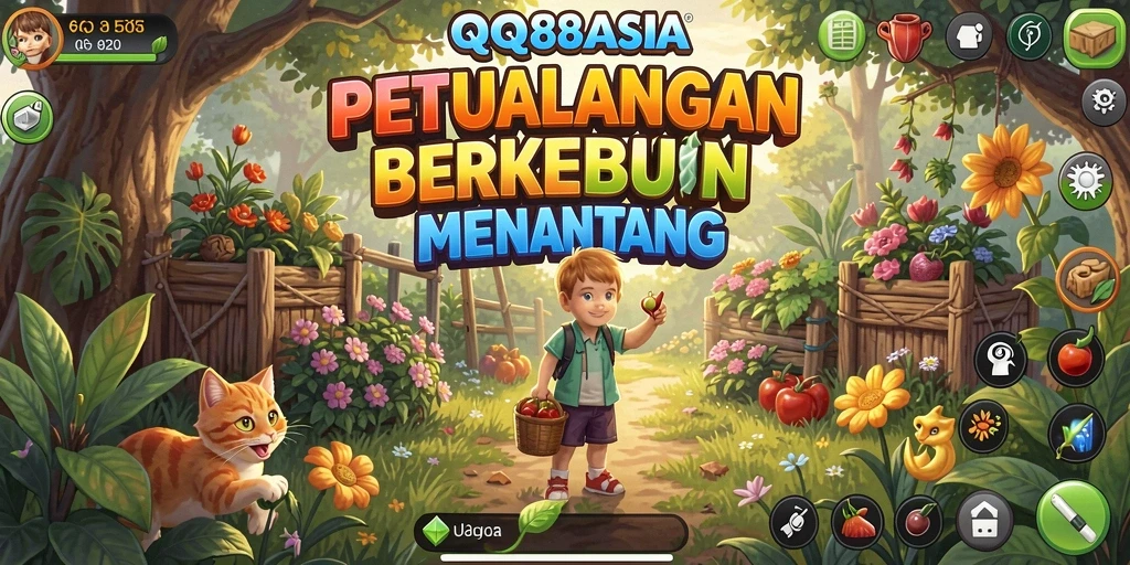 Screenshot utama QQ88ASIA menampilkan gameplay berkebun yang cerah dan menarik.