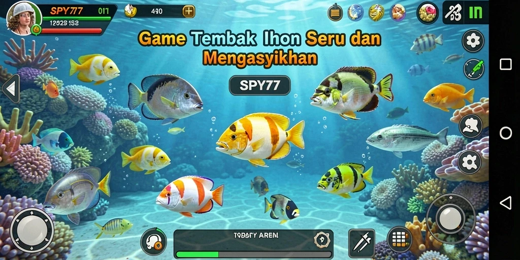 Screenshot utama SPY77 memperlihatkan momen menembak ikan dengan warna-warni yang memukau.